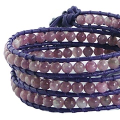 Triple row wrap bracelet tourmaline on purple leather 2