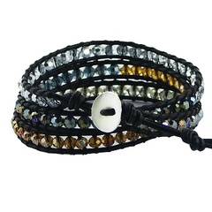 Triple row wrap bracelet glass beads on brown leather 2