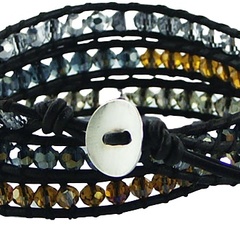 Triple row wrap bracelet glass beads on brown leather 3