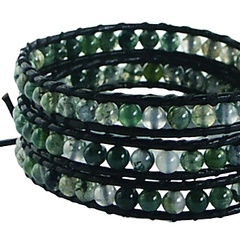 Triple row wrap bracelet grass agate on dark green leather 