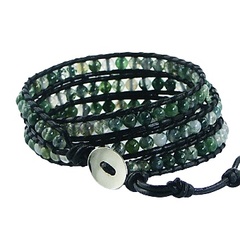 Triple row wrap bracelet grass agate on dark green leather 3