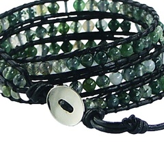 Triple row wrap bracelet grass agate on dark green leather 2