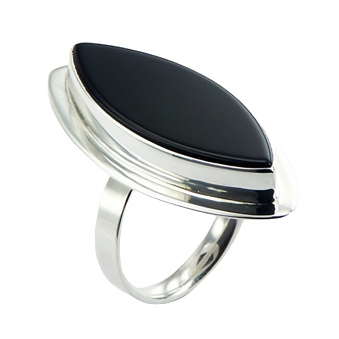 Marquise black agate silver ring 
