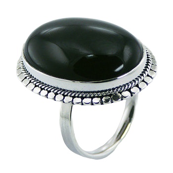 Oval black agate ornate silver ring 