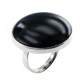 Round glossy black agate silver ring 