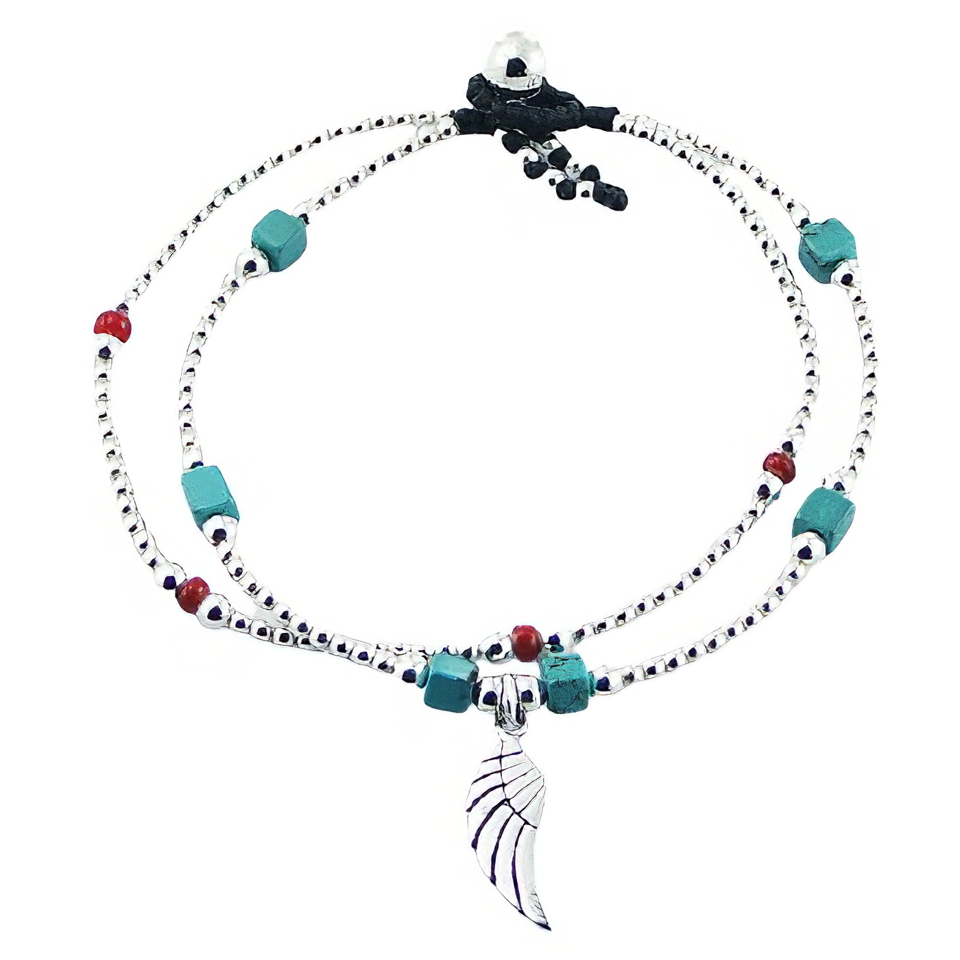 Double Macrame Bracelet Silver, Glass and Turquoise Beads 