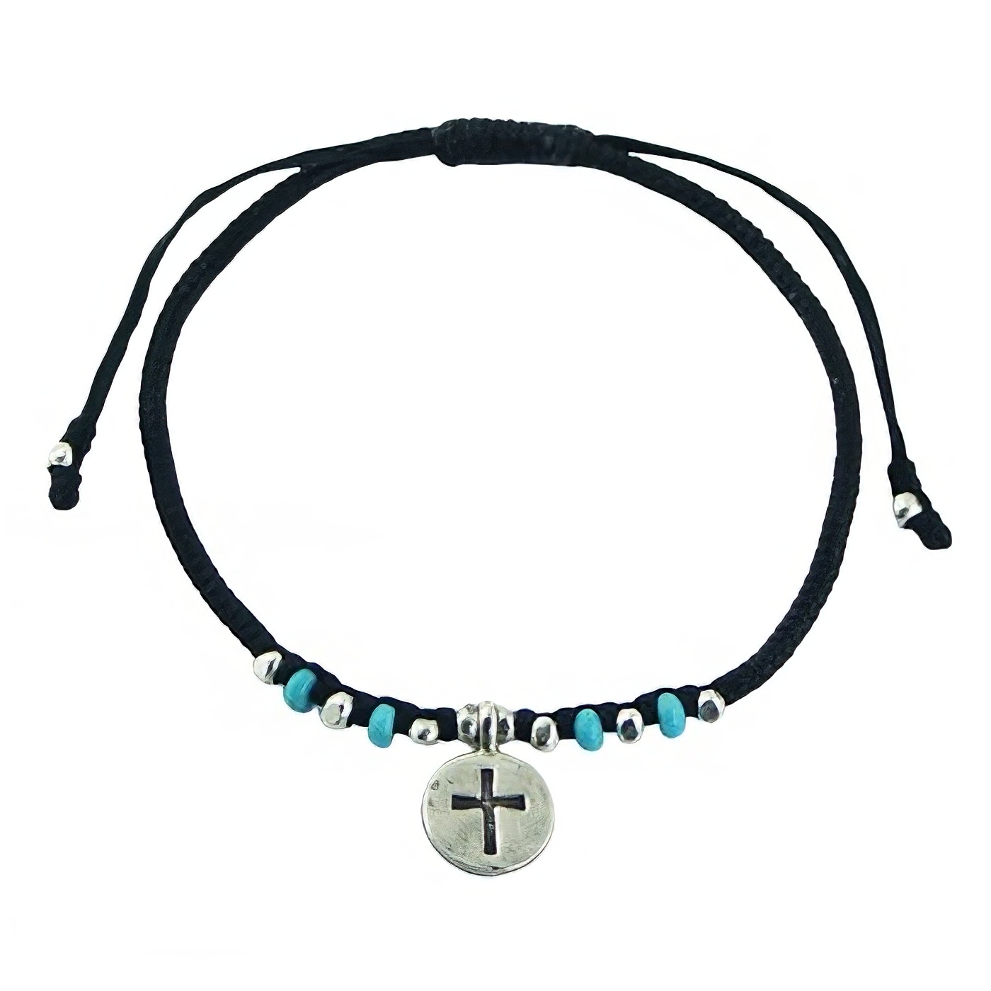 Macrame Bracelet Silver Disc with Cross and Turquoise Beads 