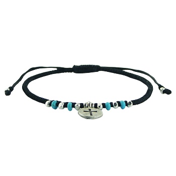 Macrame Bracelet Silver Disc with Cross and Turquoise Beads by BeYindi 