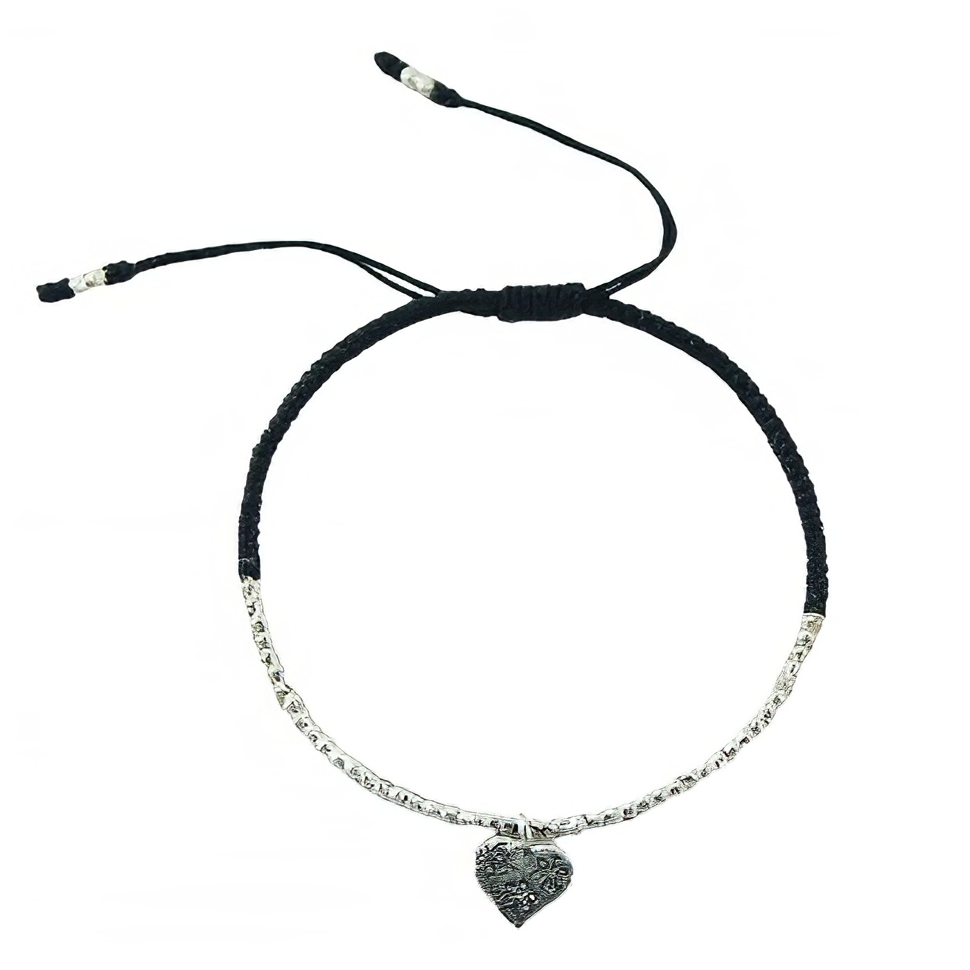 Macrame Bracelet Antiqued Floral Sterling Silver Heart & Beads 