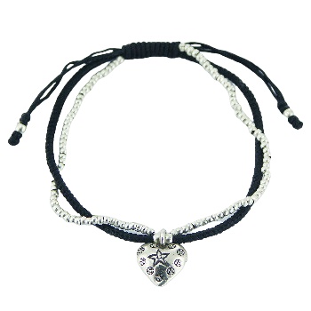 Ornate Silver Heart Charm & Small Beads In Macrame Bracelet 