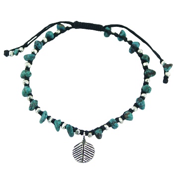Leaf Silver Charm Beads & Turquoise Macrame Bracelet 