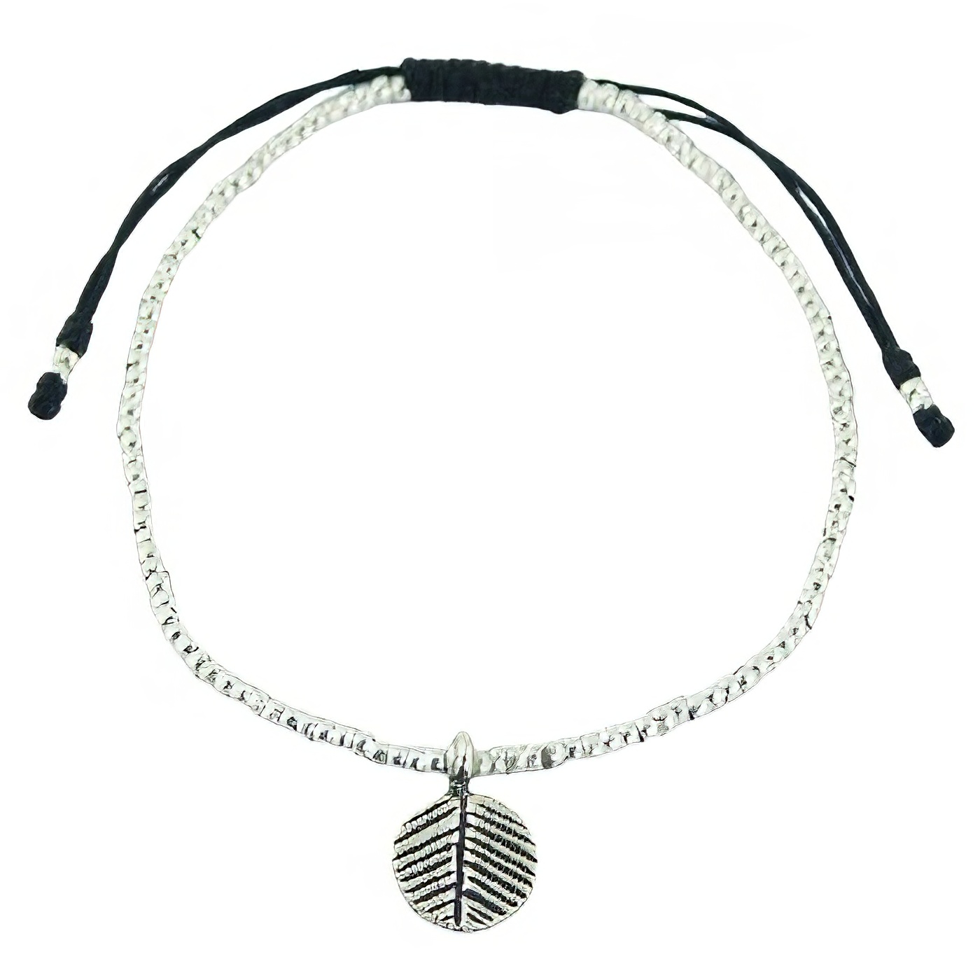 Antiqued Silver Leaf Charm Small Beads Macrame Bracelet 