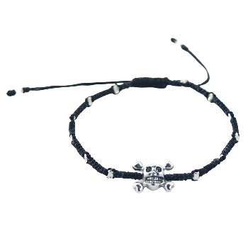 Silver Skull and Crossbones Macrame Bracelet with Beads 