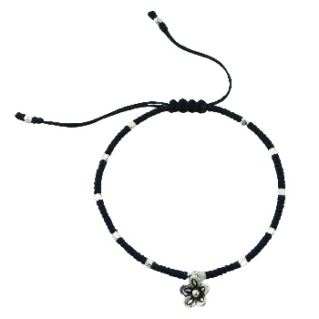 Antiqued Design Macrame Bracelet Silver Flower & Beads 
