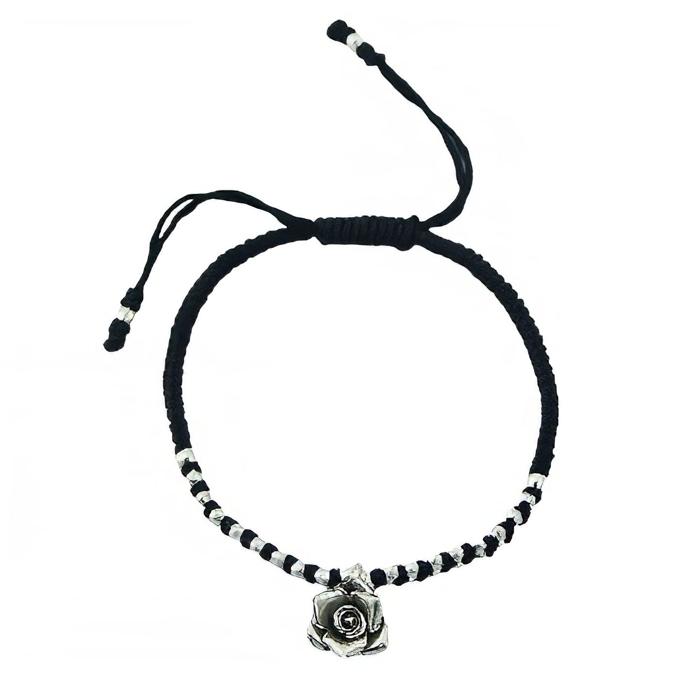 Macrame Wax Cotton Bracelet With Silver Flower Charm & Beads 