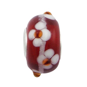 Red Transparent Murano Glass Bead White Flowers Dot Relief 