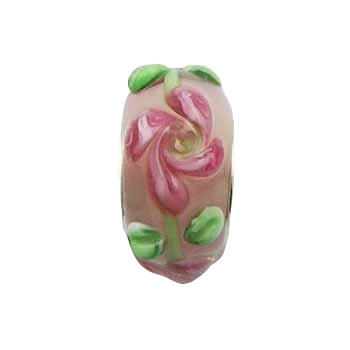 Romantic Floral Murano Glass Bead Pink Flowers Green Leafs 