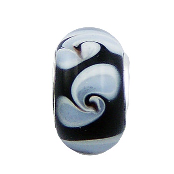 Stunning White Twirls Float In Black Murano Glass Bead 