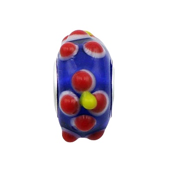 Vivid Colored Red Flower Relief Blue Murano Glass Bead 