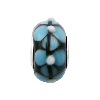 Blue Flowers White Centers Relief Black Murano Glass Bead 