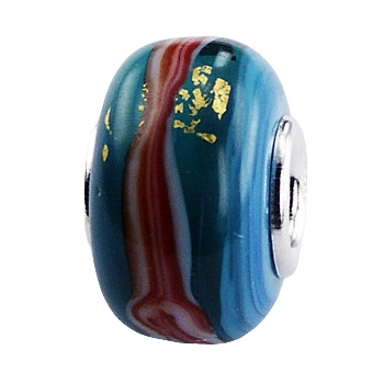 Gold Flakes On Blue White Red Bands Murano Glass Bead 
