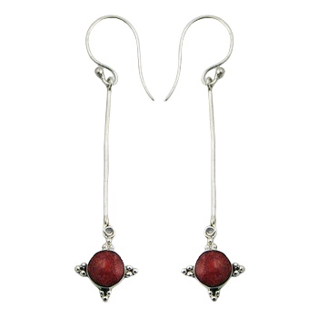 Ornate Silver Coral Earrings Cabochons On Long Sticks 
