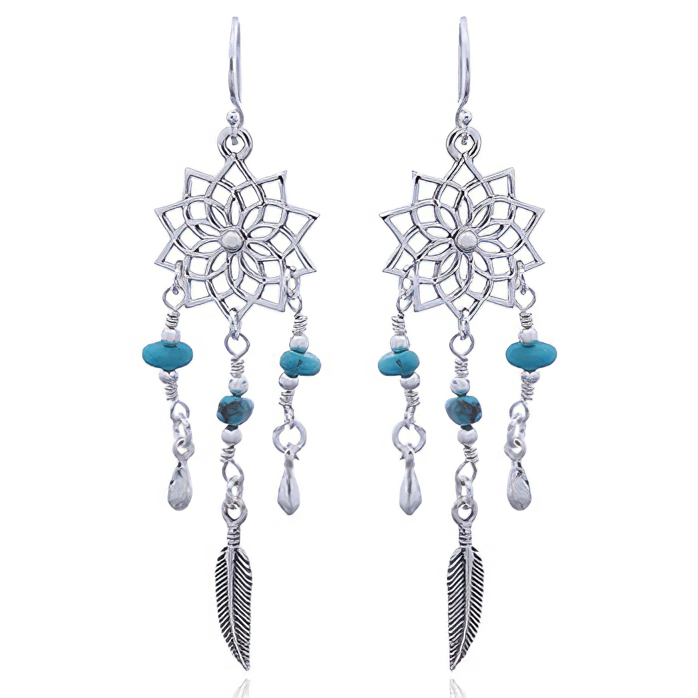 925 Silver Lotus Mandala Turquoise Earrings by BeYindi 