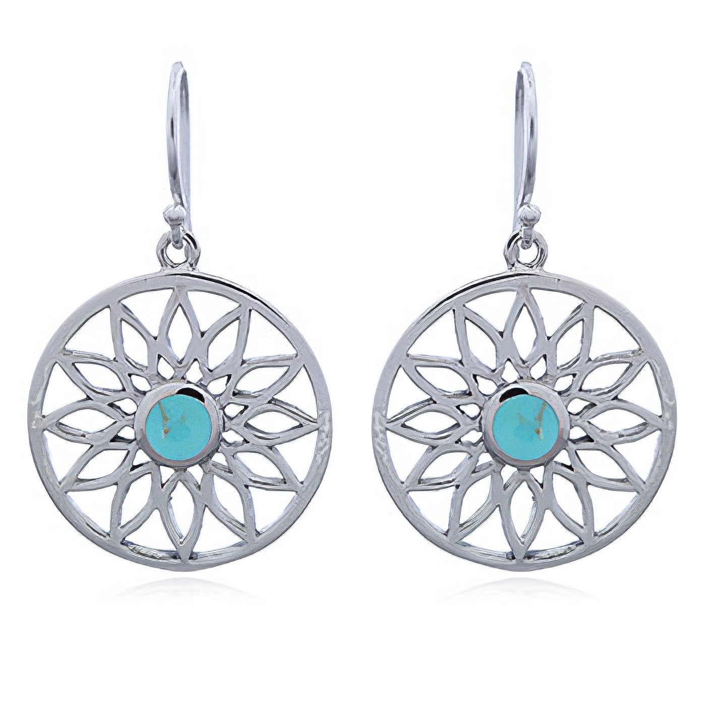 Round Silver Flower Earrings with Howlite Turquoise by BeYindi 