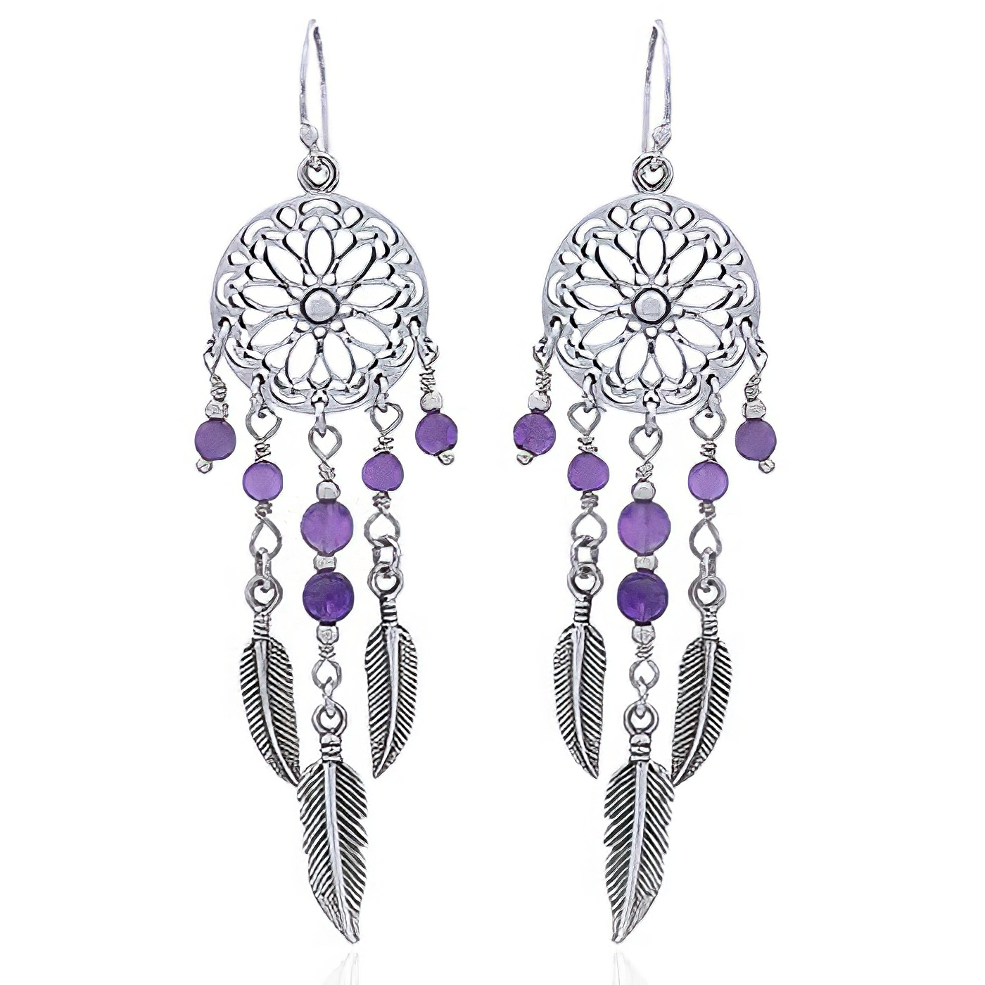 Silver and Amethyst Dream Catcher Earrings by BeYindi 