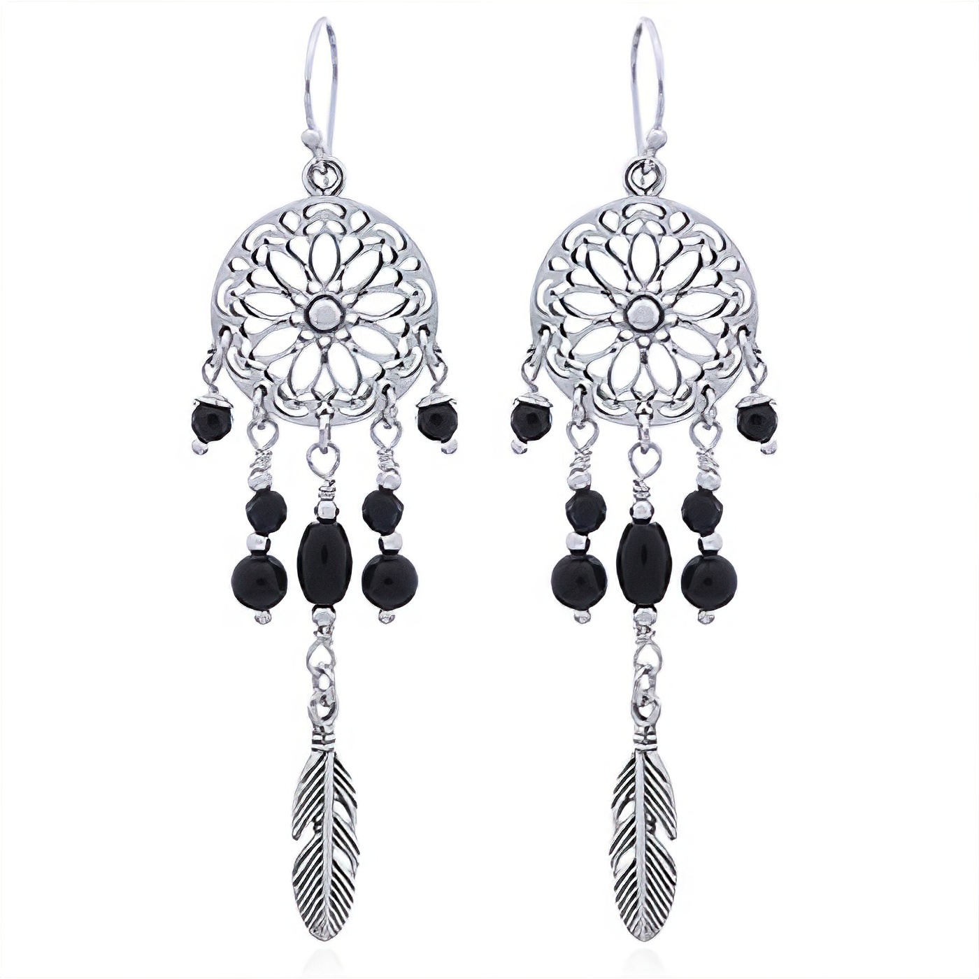 Silver and Black Agate Dream Catcher Earrings by BeYindi 