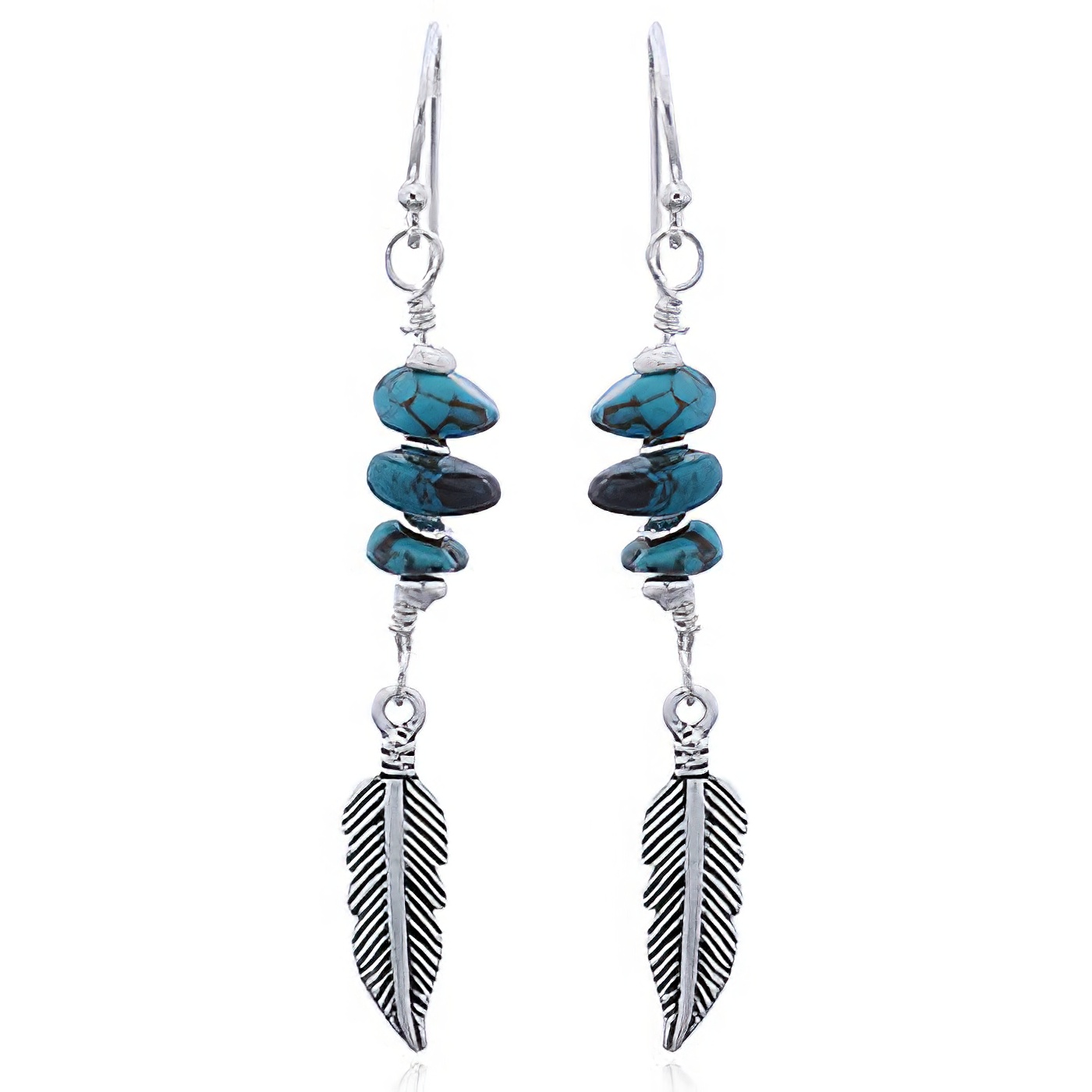 Silver Feather and Turquoise Dangle Earrings by BeYindi 