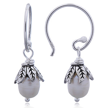 Pearl with Silver Leaf Crown Dangle Earrings by BeYindi 