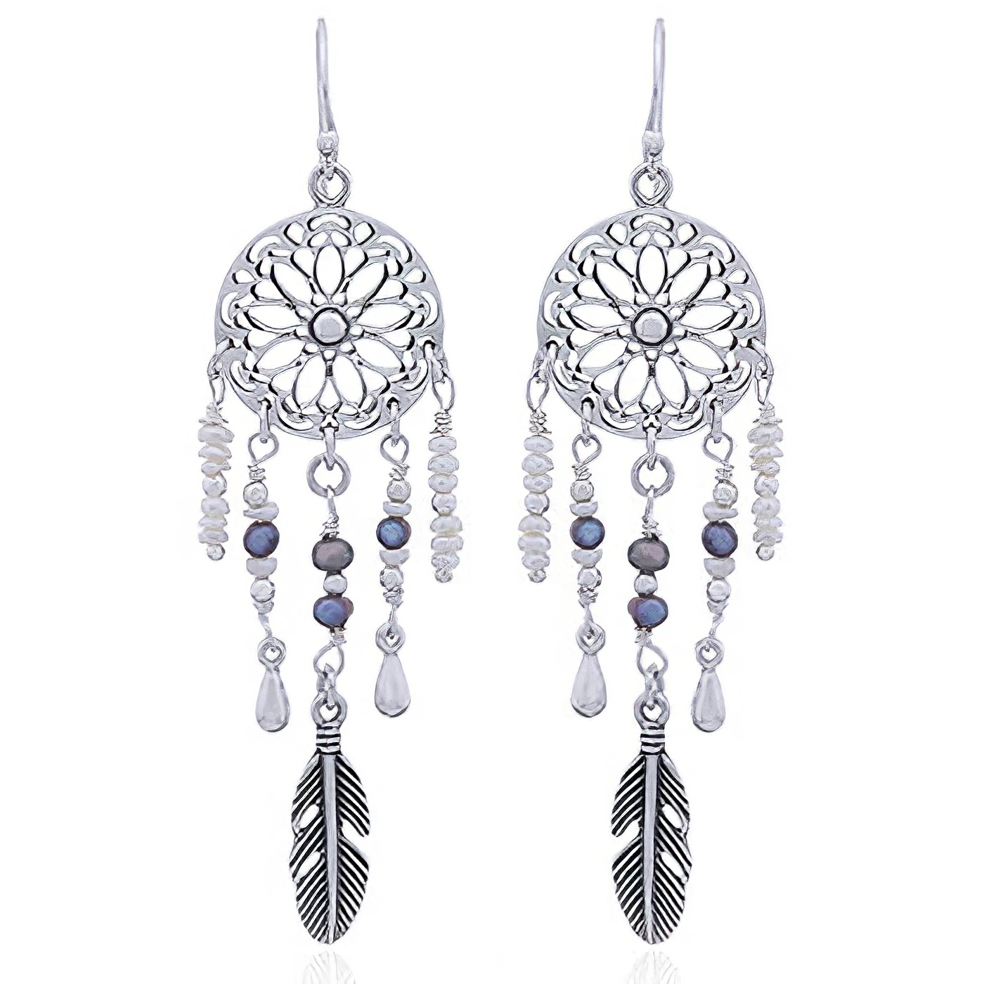 Silver and Pearls Dream Catcher Earrings by BeYindi 