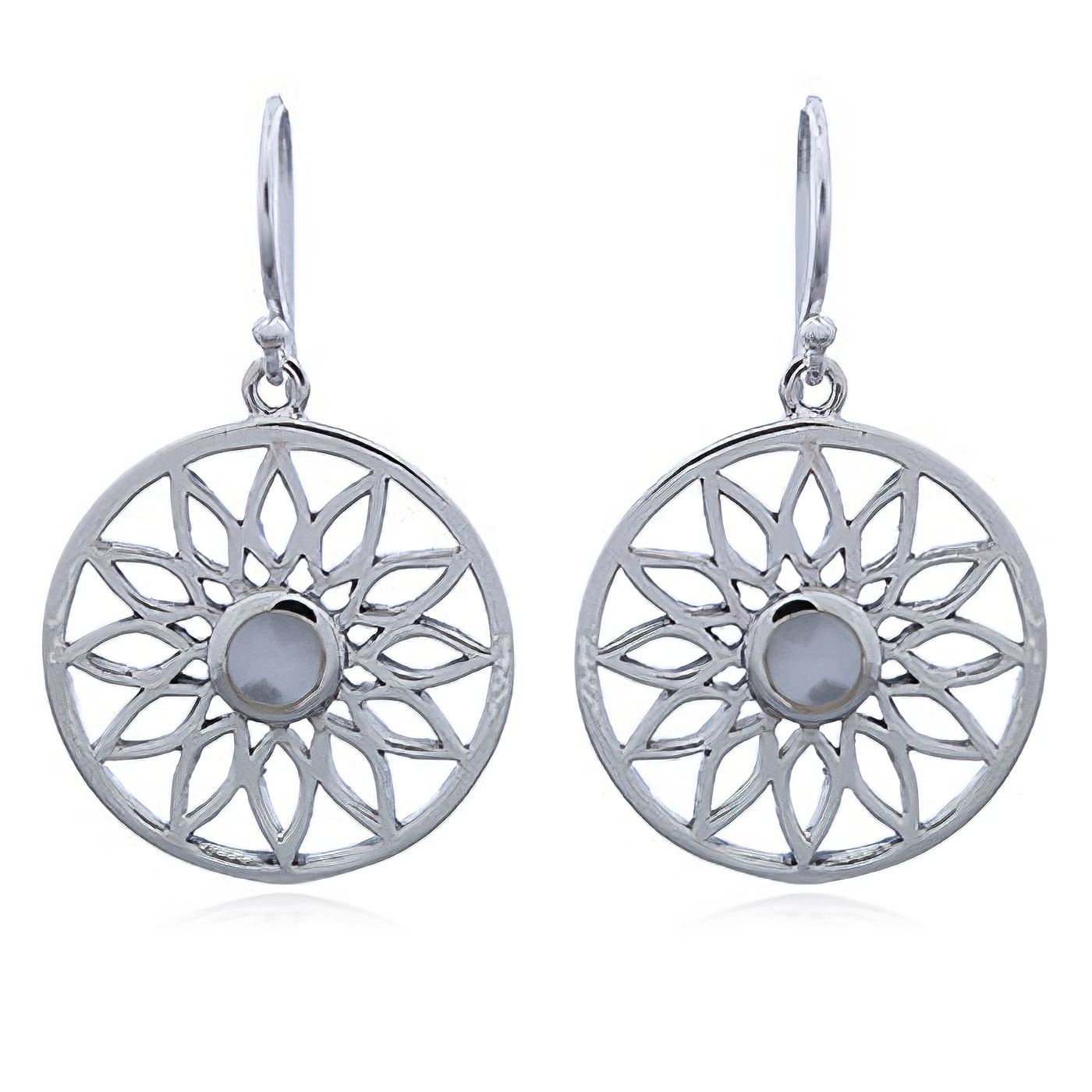 Round Silver Flower Earrings with Mother of Pearl by BeYindi 