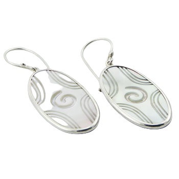 Oval Mother Of Pearl Earrings Engraved Pattern Silver Frame by BeYindi 