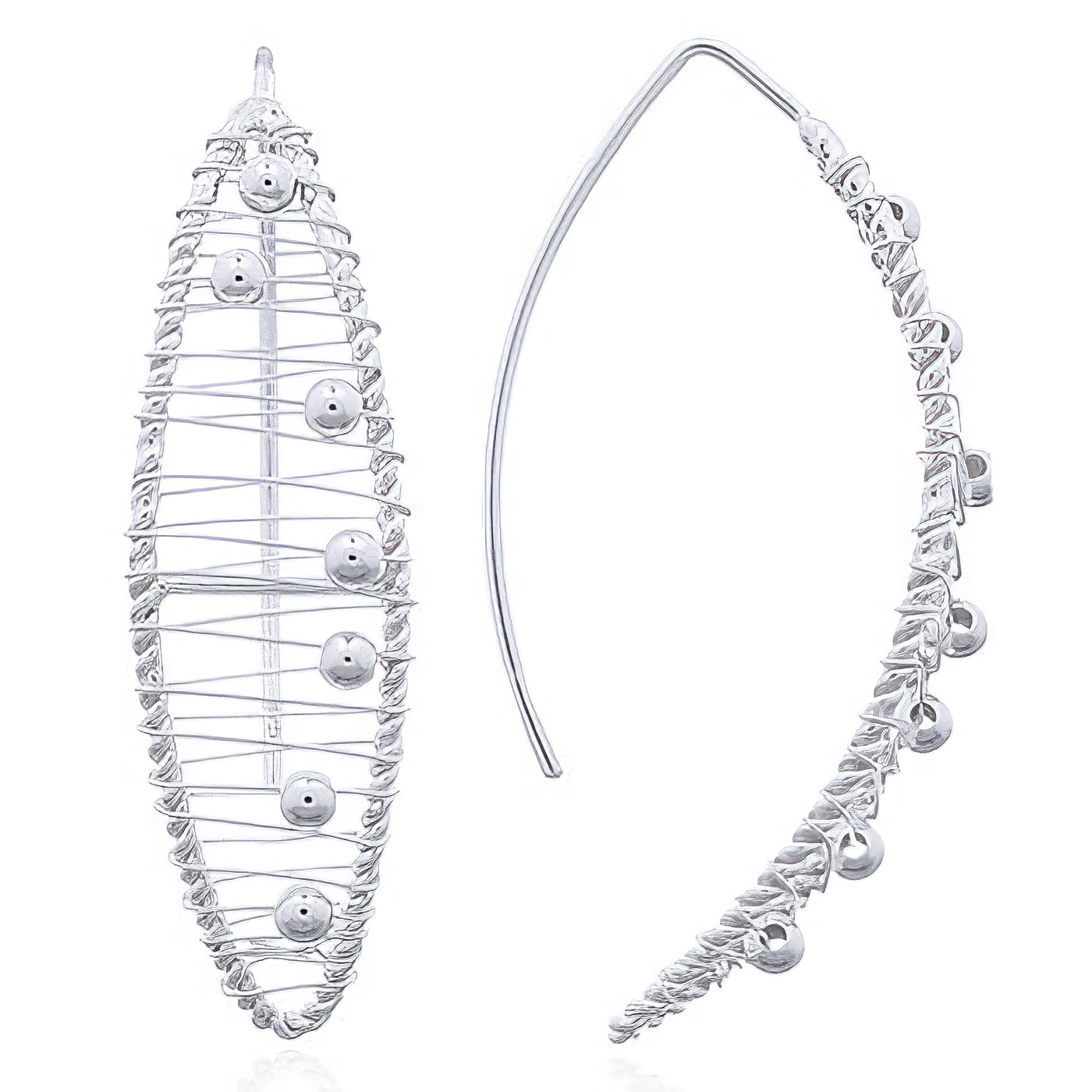 Spinning Balls In Wire Closed Up Marquise Rhodium Plated Drop Earrings by BeYindi 