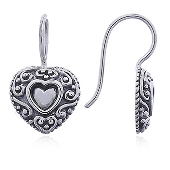 Antiqued Silver Heart Earrings Embossed Design by BeYindi 