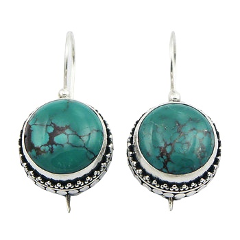 Round Turquoise Ornate Silver Border Drop Earrings by BeYindi 