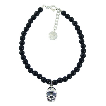 Round Gemstone Bead Bracelet with Silver Skull Charm 