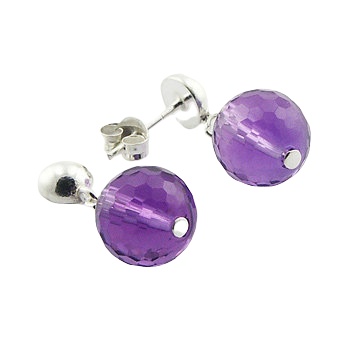 925 Silver Ear Stud Earrings Purple Glass Crystal Spheres by BeYindi 