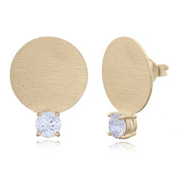 Brushed Yellow Gold Plated Disc CZ Stud Earrings by BeYindi 