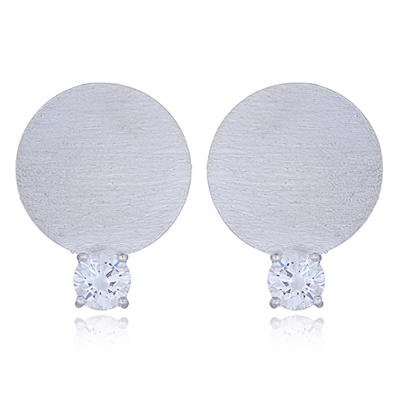Brushed Silver Plated Disc CZ Stud Earrings by BeYindi 