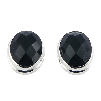 Black Agate Gemstone Silver Stud Earrings Faceted Ovals by BeYindi 