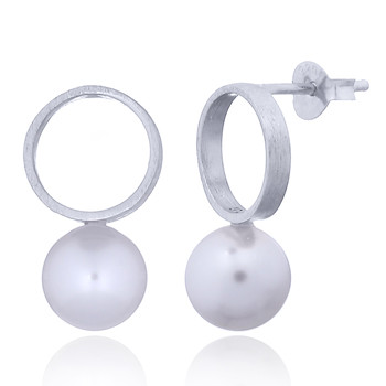 Silver Plated Open Circle & Pearl Studs Brushed Finish by BeYindi 