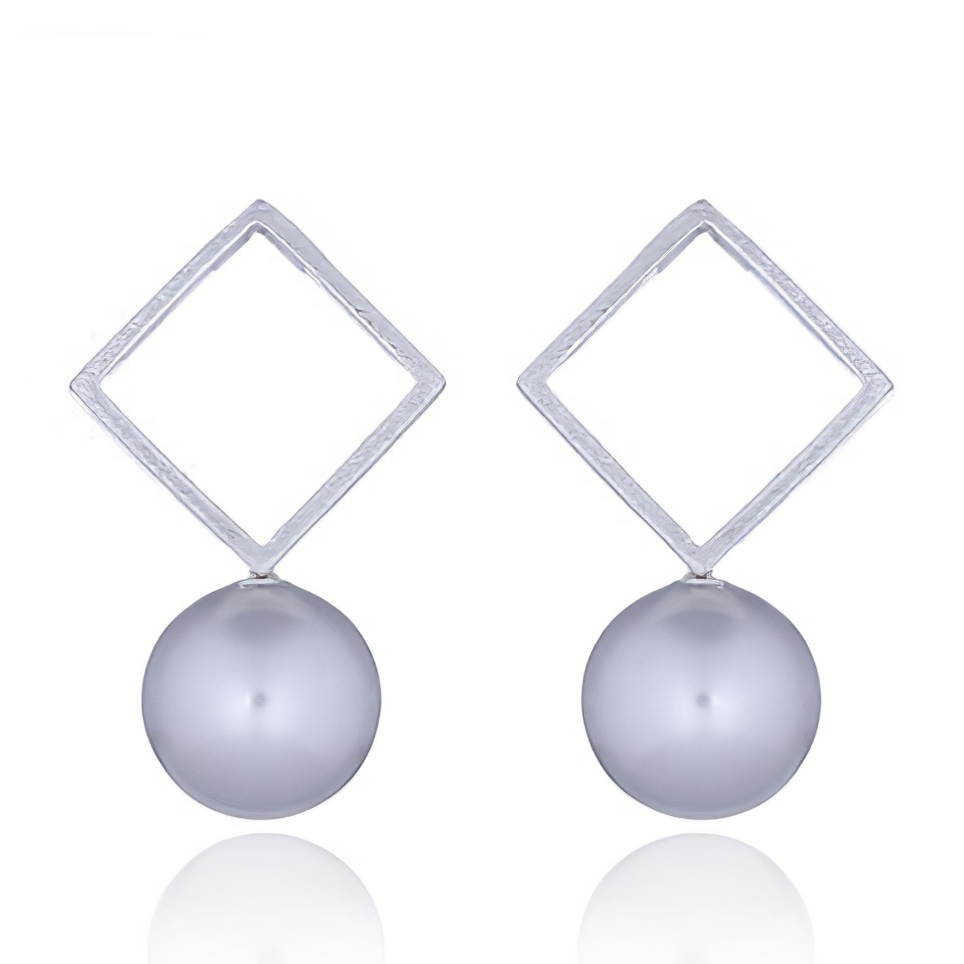 Silver Plated Brushed Finish Open Square & Pearl Studs by BeYindi 