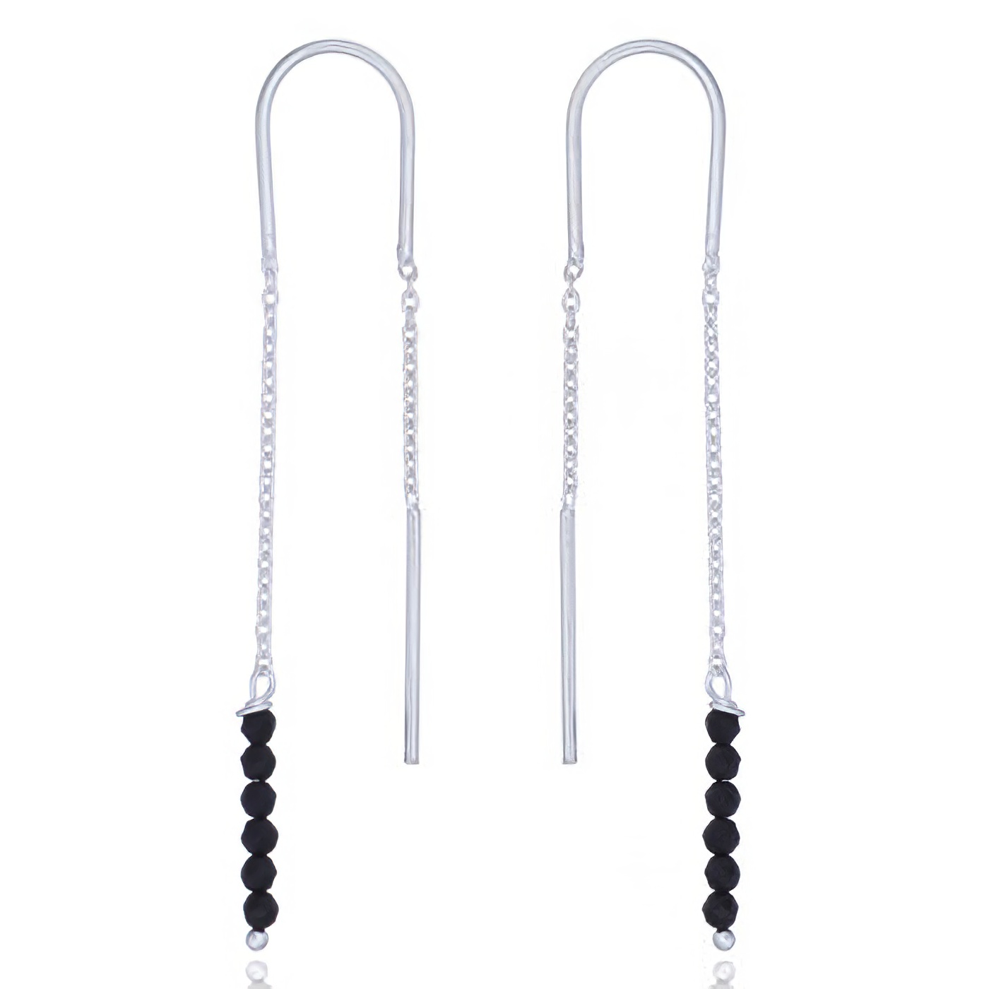 Black Agate Beads Silver Chain Thread Earrings by BeYindi 