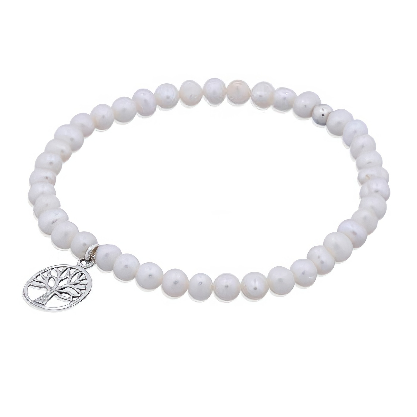 4mm Freshwater Pearl Stretch Bracelet with Tree of Life Charm 