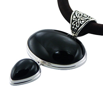 925 Silver Gemstone Pendant Oval & Drop Shaped Black Agate by BeYindi 