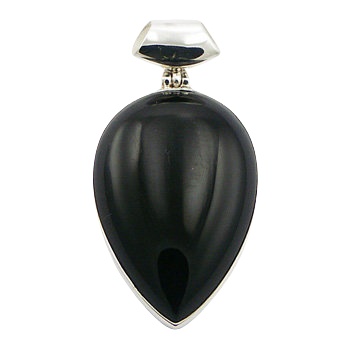 Generous Sized Black Agate Gemstone Drop Silver Pendant 