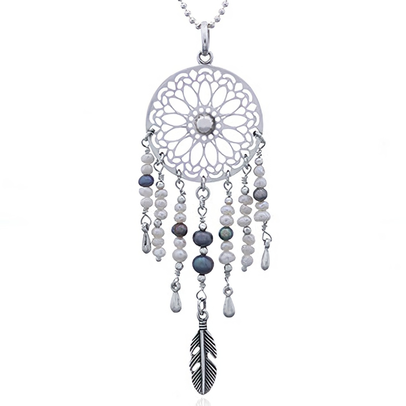 Dream Catcher Freshwater Pearls Silver Pendant by BeYindi 